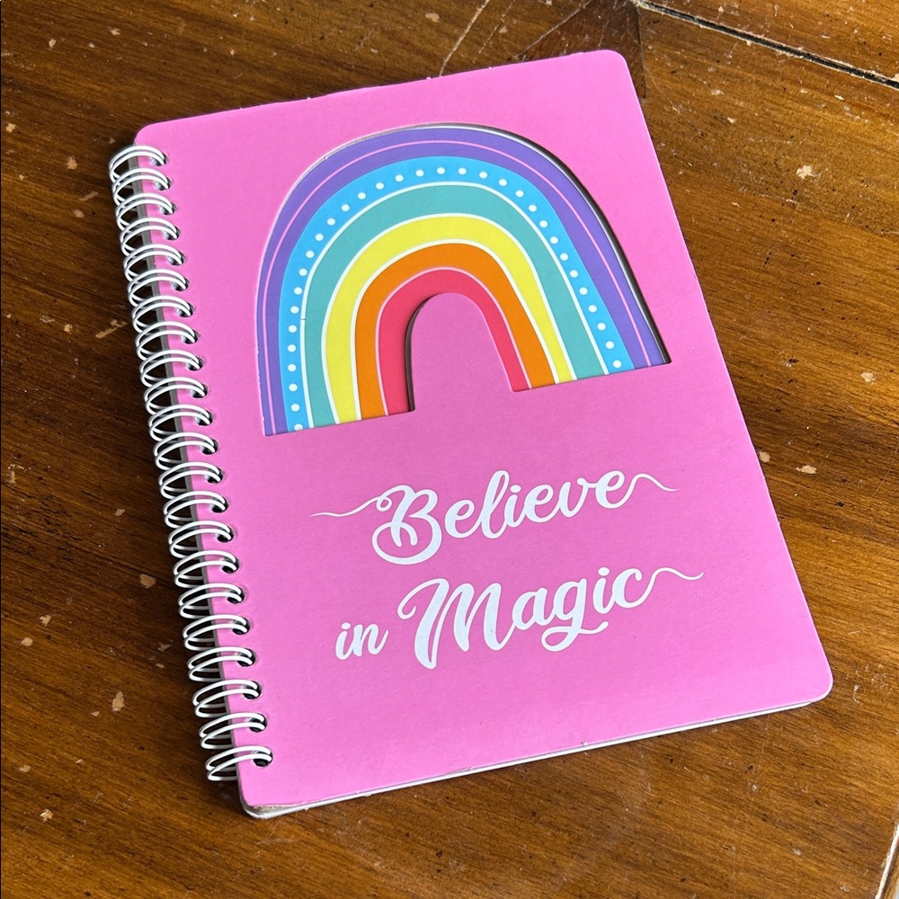 Pink Spiral Notebook with Rainbow Design